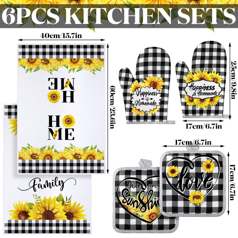 Leinuosen 6 Plaid Sunflower Kitchen Towels Kitchen Decor and Accessories Set Floral Plant Oven Mitts and Pot Holders Sets Farmhouse Absorbent Dish Towels for Cooking Baking Grilling - Image 3