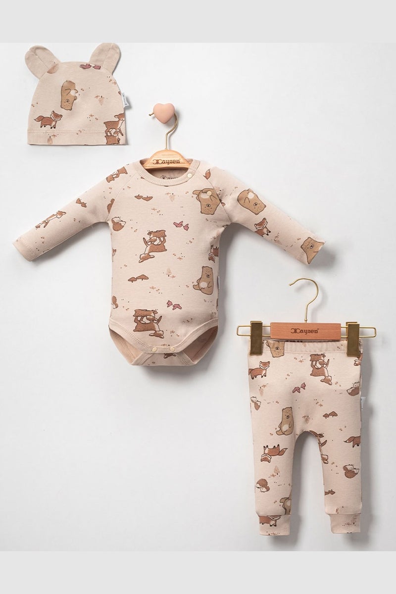 Modam Bebek Modam Baby Mini Cayzen Deer Patterned Hat 3-Piece Unisex Baby Set 