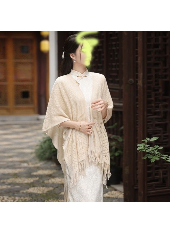 Outdoor Ethnic Style Shawl, Fashionable And Versatile Solid Color Scarf, Knitted And Carved Tassel Shawl - Image 4
