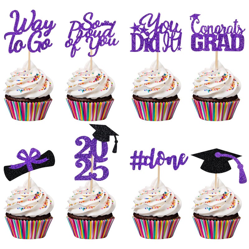 LeeSky 32Pcs Graduation Cupcake Toppers 2025 Purple  Congrats Grad Class Of 2025 Graduation Cupcake Toppers Picks 2025 for Grad Party Cake Decorations 2025 Purple - Image 1