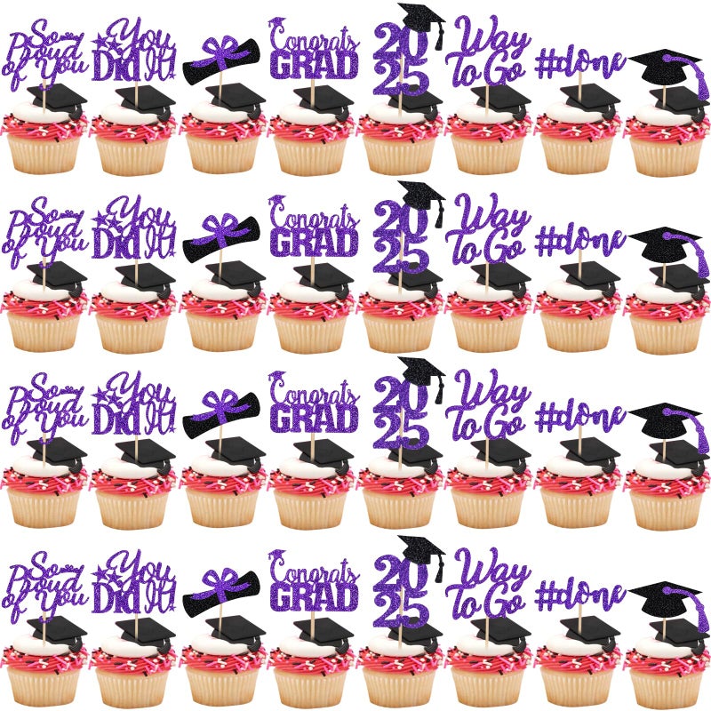 LeeSky 32Pcs Graduation Cupcake Toppers 2025 Purple  Congrats Grad Class Of 2025 Graduation Cupcake Toppers Picks 2025 for Grad Party Cake Decorations 2025 Purple - Image 2