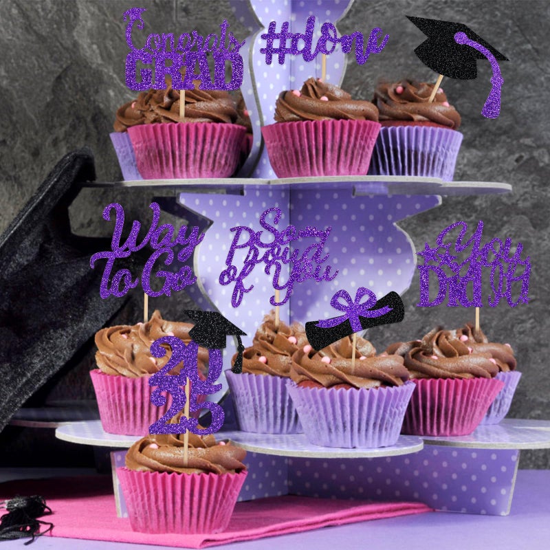LeeSky 32Pcs Graduation Cupcake Toppers 2025 Purple  Congrats Grad Class Of 2025 Graduation Cupcake Toppers Picks 2025 for Grad Party Cake Decorations 2025 Purple - Image 3