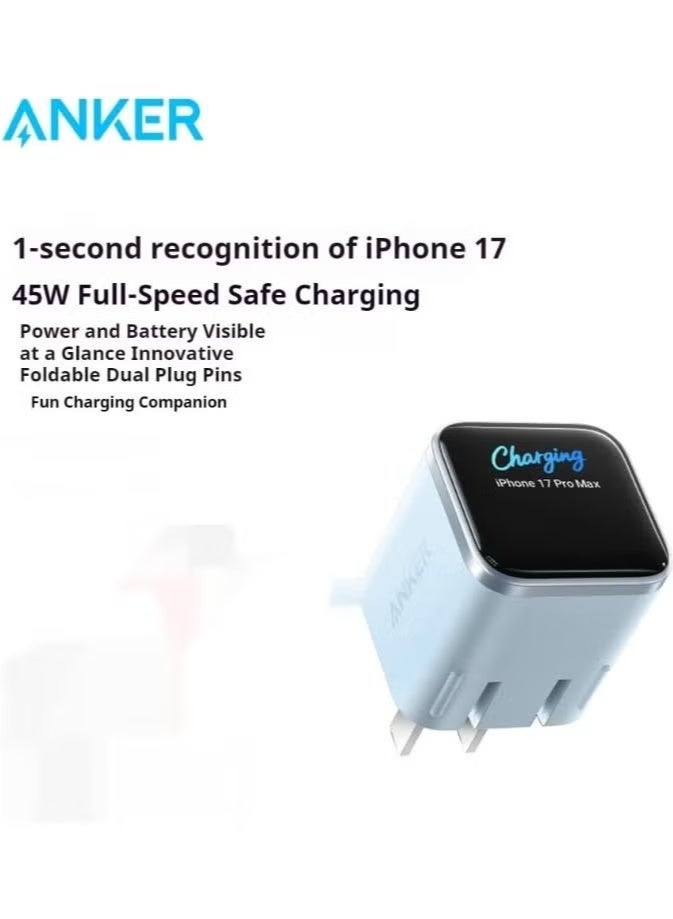 أنكر Anker Smart Display Charger,Anker Nano 45W Max GaN Fast Charging USB C Charger Block,180° Foldable Plug,Smart Recognition,Built-in Care Mode,for iPhone17/16/15(Non-Battery,One USB-C Port,No Cable)(Chinese version) -Baby Blue Baby Blue - Image 2