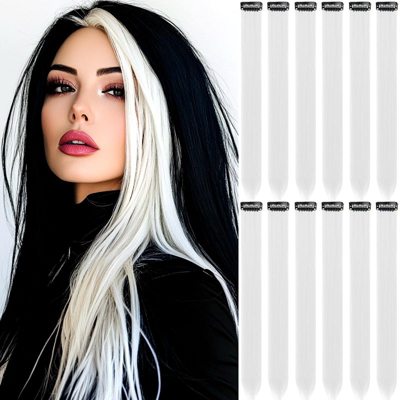 GPOVVIMX 12 PCS White Hair Extensions Clip in Colored Party Highlights Extension for Kids Girls Synthetic Hairpiece Straight 22 inch