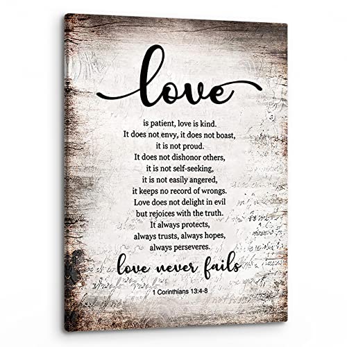 PHAMTE 1 Corinthians 13:4-8 Love Never Fails Retro Wall Art,Christian Bible Verse Scripture Print Framed Canvas Painting Artwork Home Bathroom Room Office Church Decor（11x14 Inch） - Image 1