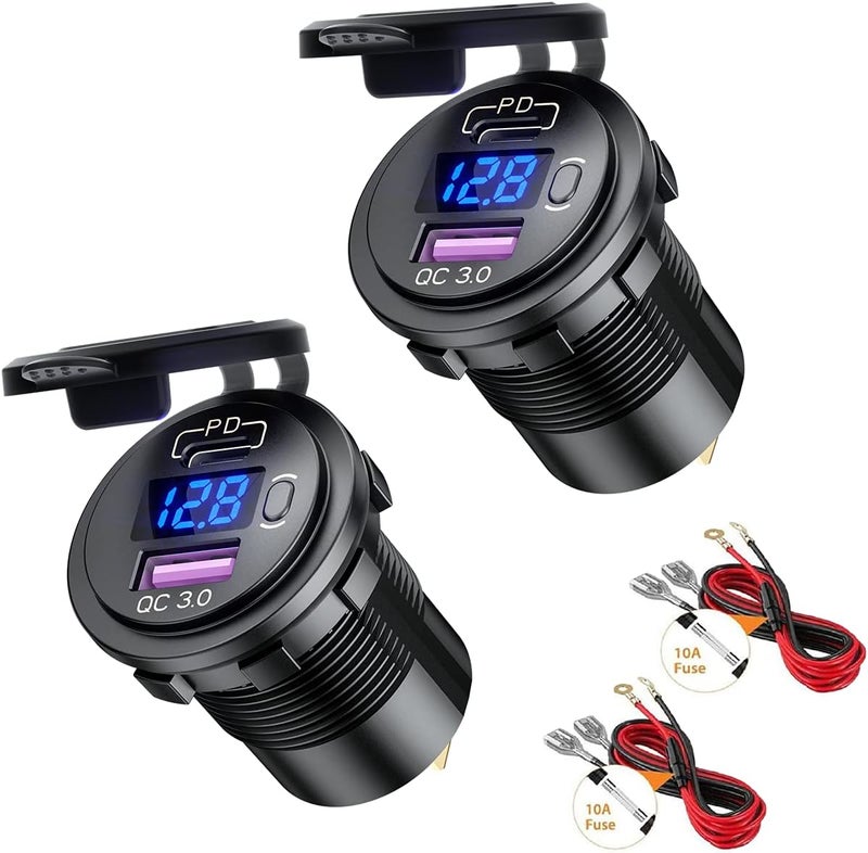 Thlevel USB C Car Charger Socket Dual Outlet PD Type C & QC 3.0 USB Fast Car Charger Socket Power Waterproof with LED Digital Voltmeter and Switch for 12V/24V Marine Boat Motorcycle Truck RV (2PCS) - Image 1