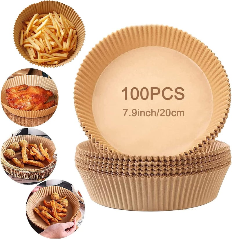 SHOWAY 100PCS Air Fryer Disposable Paper Liner, 7.9inch/20cm Non-Stick Air Fryer Liners, Round Food Grade Baking Paper for Air Fryer Oven Roasting Microwave, Brown, PAPERL01-100P - Image 1