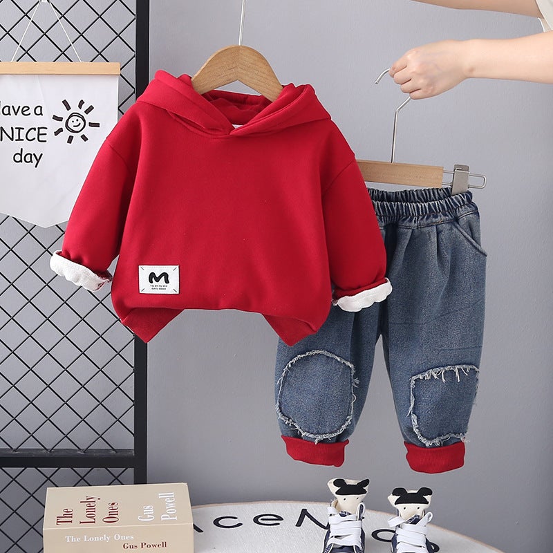 Boys autumn and winter suit fleece-lined 2024 new baby baby warm sweater foreign style clothes two-piece fashion Jujube fleece-lined M labeling hat bucket shirt two-piece set