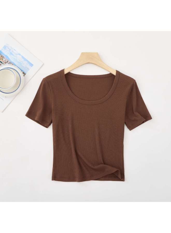 [ready Stock Customization] Tencel Short-sleeved Women's Summer Versatile U-neck Top Simple Slim Fit Cool Breathable T-shirt For Women