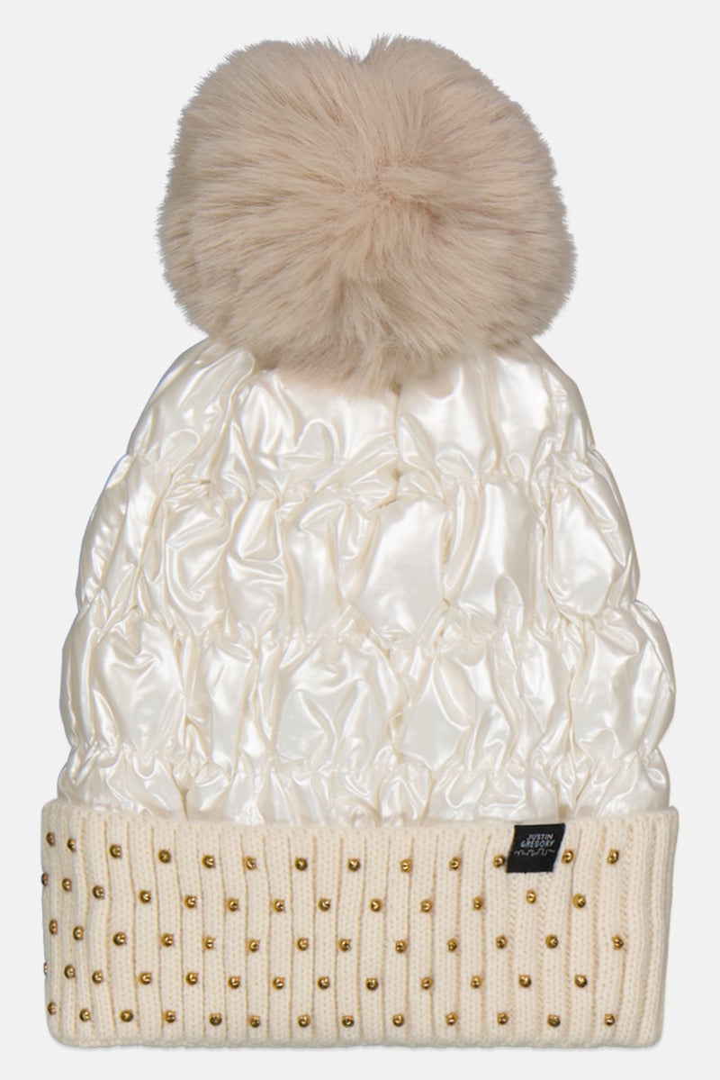 Justin Gregory Women  Pom-Pom Beanie, White  - Image 1