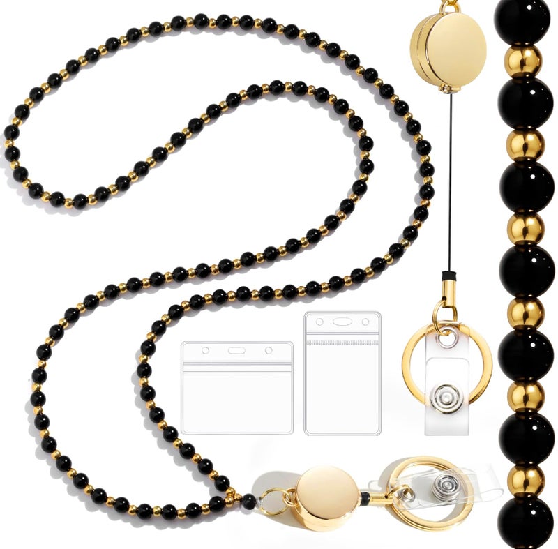 Toykee Lanyards with ID Badges Holder for Teachers Keys - Black and Gold Beaded Card Holders for Women Necklace Breakaway Lanyard with Holder for Name Tag Cruise Ship - Image 1