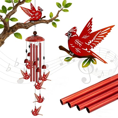 Howarmer Cardinal Wind Chimes for Outside, Cardinals Gifts for Women,Memorial/Birthday Gifts for Grandma Mom, Metal Red Bird Windchimes with Soothing Tones, Christmas Outdoor Decor for Garden Patio Yard (35") - Image 1