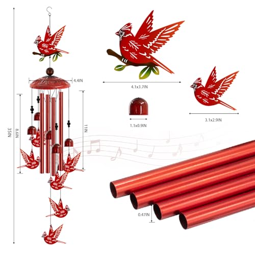 Howarmer Cardinal Wind Chimes for Outside, Cardinals Gifts for Women,Memorial/Birthday Gifts for Grandma Mom, Metal Red Bird Windchimes with Soothing Tones, Christmas Outdoor Decor for Garden Patio Yard (35") - Image 4