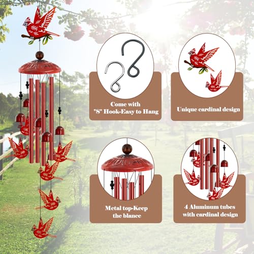 Howarmer Cardinal Wind Chimes for Outside, Cardinals Gifts for Women,Memorial/Birthday Gifts for Grandma Mom, Metal Red Bird Windchimes with Soothing Tones, Christmas Outdoor Decor for Garden Patio Yard (35") - Image 3