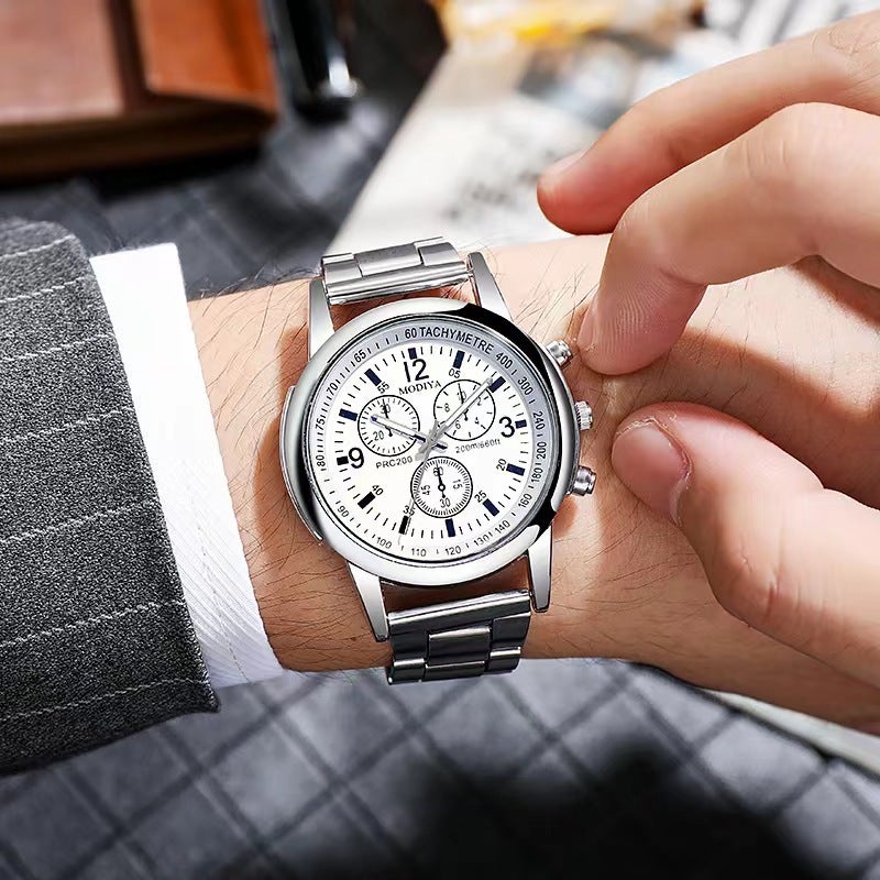 New cross-border Mens quartz watch blue light gift steel belt watch wholesale three-eye quartz hot quartz watch Steel Strip white surface