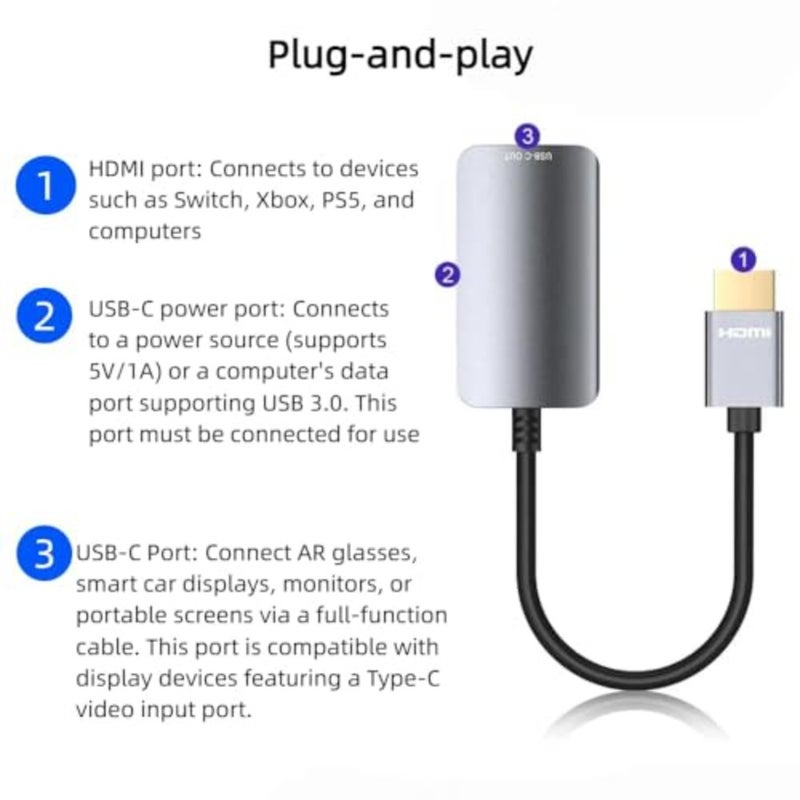 محول HDMI إلى USB C 4K60 هرتز للشاشة المحمولة AR Glasses XREAL One/Air 2 Pro/VITURE Pro/Rokid PS4/5 B0X ROG Ally، هيكل من الألومنيوم، أسود، مضفر من النايلون - Image 5