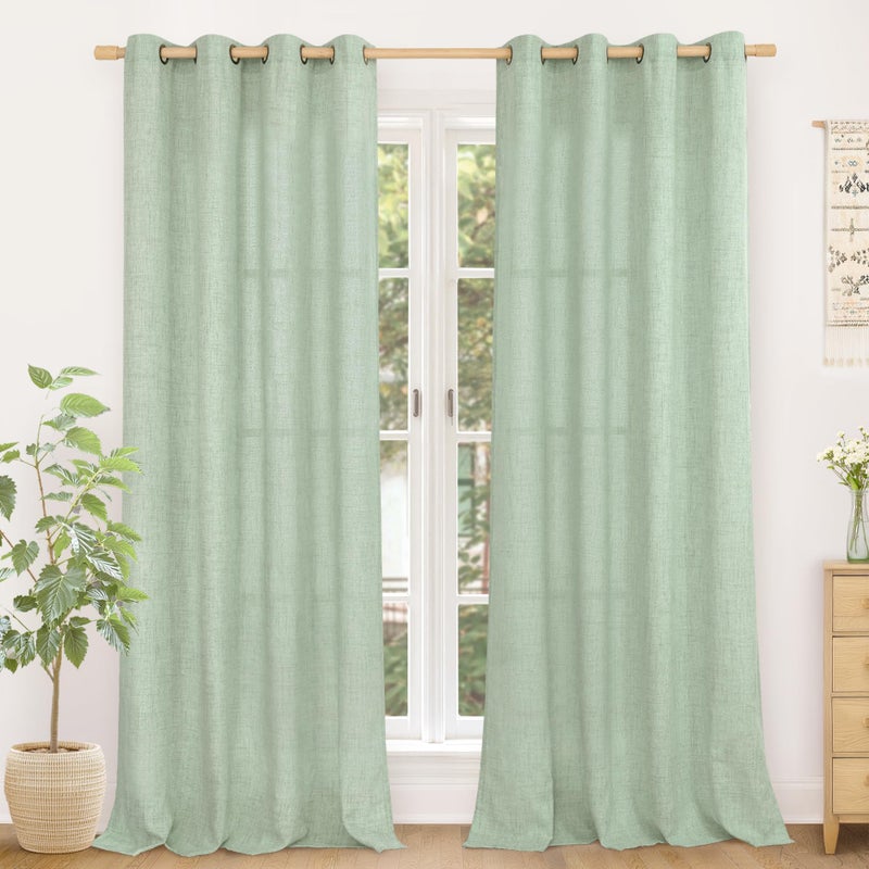 YoungsTex Light Sage Green Linen Curtains 84 Inches Long for Living Room, Spring Boho Semi Sheer Drapes with Bronze Grommet Light Filtering for Bedroom Window, 52 X 84 Inch, 2 Panels - Image 1