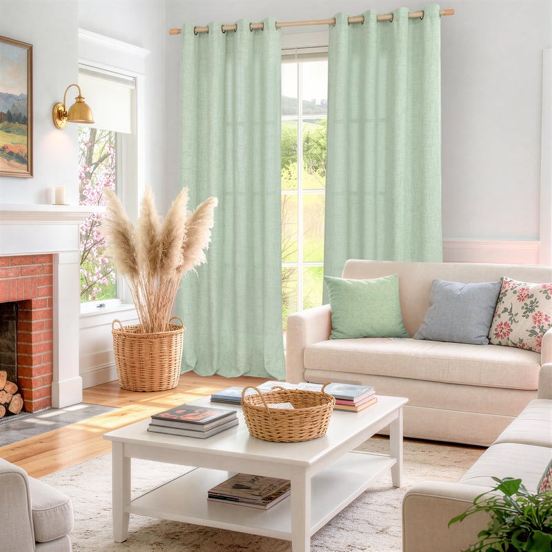 YoungsTex Light Sage Green Linen Curtains 84 Inches Long for Living Room, Spring Boho Semi Sheer Drapes with Bronze Grommet Light Filtering for Bedroom Window, 52 X 84 Inch, 2 Panels - Image 2