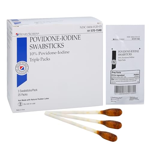 Henry Schein Prep Povidone-Iodine Swabsticks 3's, Individually Packed, Sterile, Antiseptic for Skin Preparation, 10% Povidone-Iodine- 25/BX - Image 1