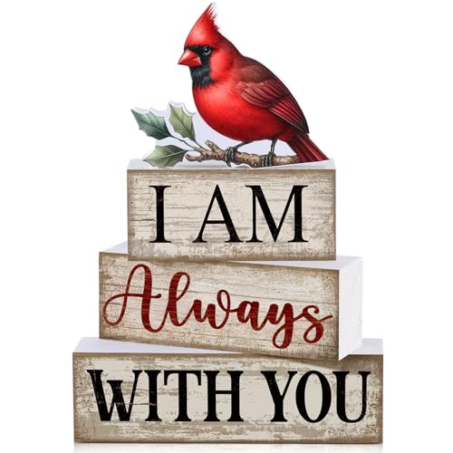 Yuntau 4 Pieces Cardinal Gift Decorations Wooden Red Cardinal Sign for Loss of Loved One Tiered Tray Decor I Am Always with You Sign Sympathy Remembrance Memorial Gifts for Home Kitchen Shelf Tabletop - Image 1
