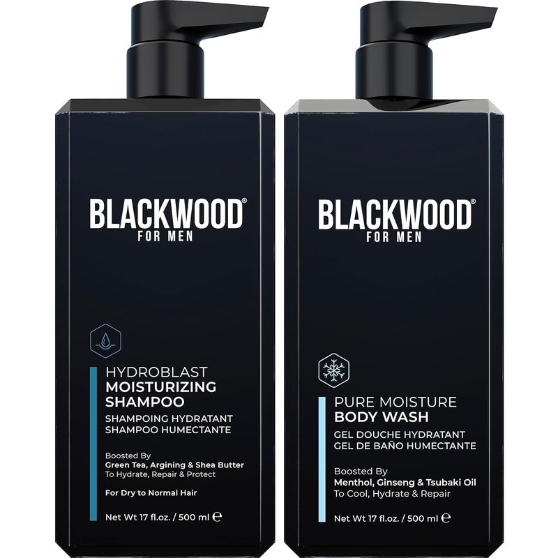 Blackwood For Men Hydroblast Moisturizing Shampoo Pure Moisture Body Wash Vegan Nourishing Hair Skin Duo with Ginseng Ginger Menthol Sulfate Paraben CrueltyFree 17 Oz - Image 1