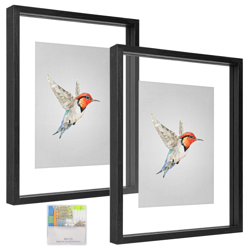 مجموعة إطارات عائمة MUYE 11x14 من 2 زجاج مزدوج عرض أي حجم صورة حتى 11x14 تثبيت على الحائط أو وقوف على الطاولة باللون الأسود