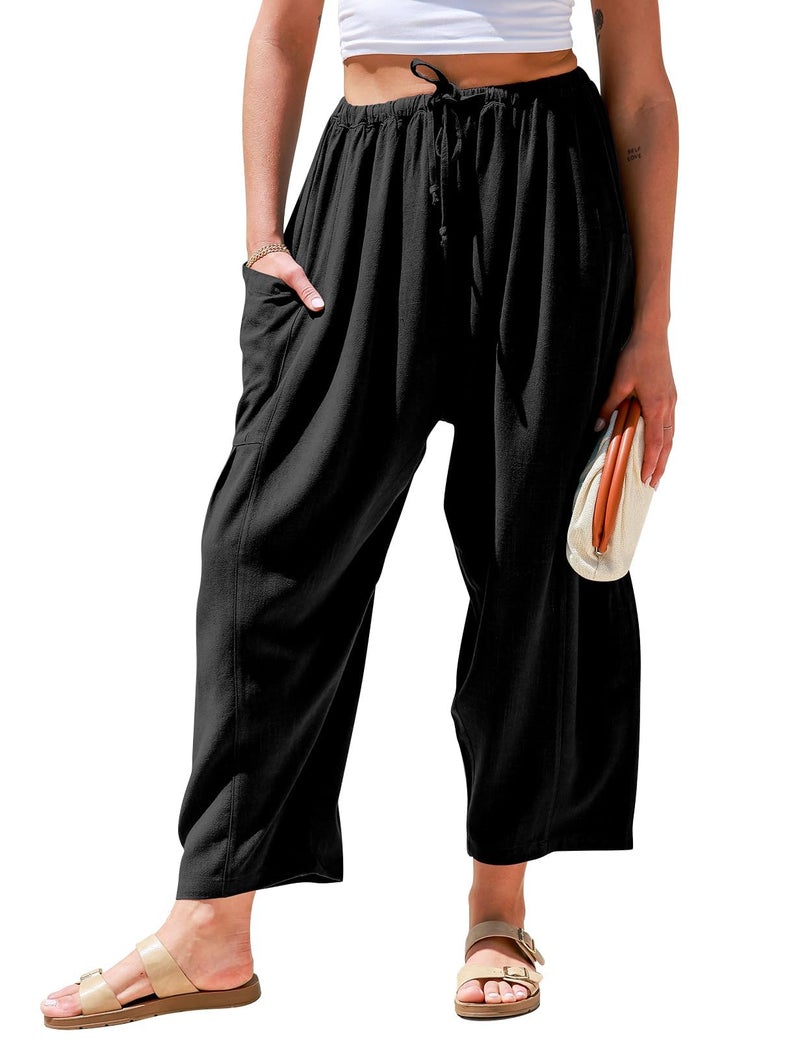 TARSE Womens Linen Wide Leg Pants Casual Loose Drawstring Low Waist Beach Palazzo Harem Pants with Pockets(Black,XL) - Image 1