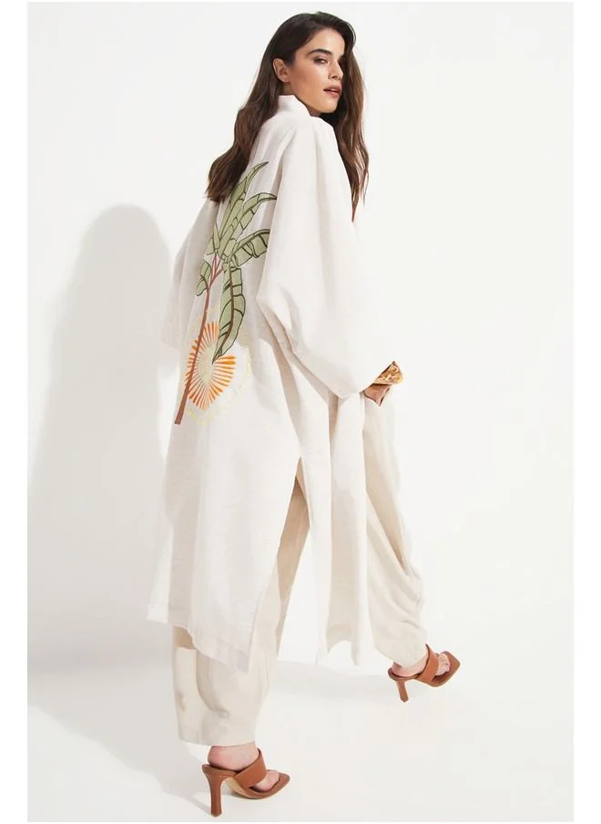 جون June Embroidered Detailed Cotton Blend Kimono Stone