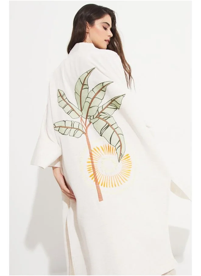 جون June Embroidered Detailed Cotton Blend Kimono Stone