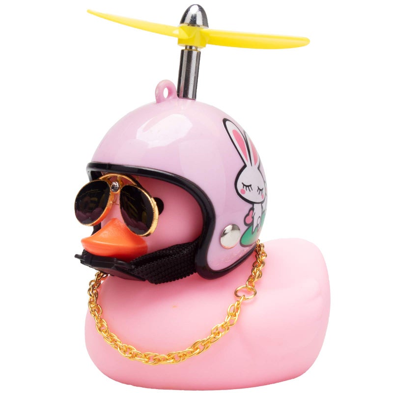 wonuu Pink Duck Car Dashboard Decorations Rubber Duck Car Ornaments Cool Duck with Propeller Helmet Sunglasses Gold Chain - Image 3