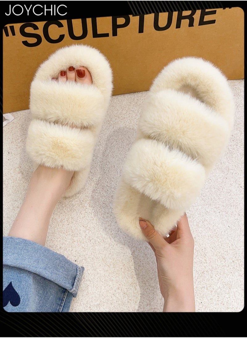Joychic Stylish Women Faux Fur Open Toe Flat Indoor Slippers Autumn and Winter Warm Household Bedroom Comsoft Slippers Beige  - Image 1
