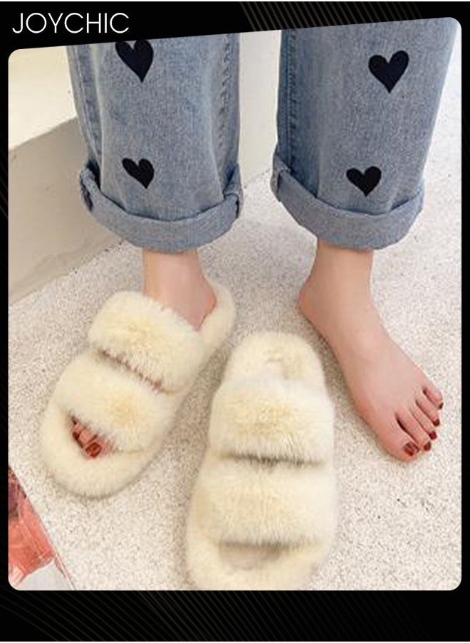 Joychic Stylish Women Faux Fur Open Toe Flat Indoor Slippers Autumn and Winter Warm Household Bedroom Comsoft Slippers Beige  - Image 2