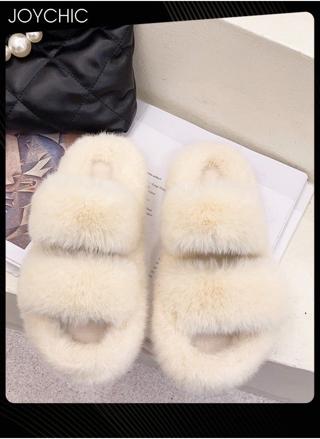 Joychic Stylish Women Faux Fur Open Toe Flat Indoor Slippers Autumn and Winter Warm Household Bedroom Comsoft Slippers Beige  - Image 3
