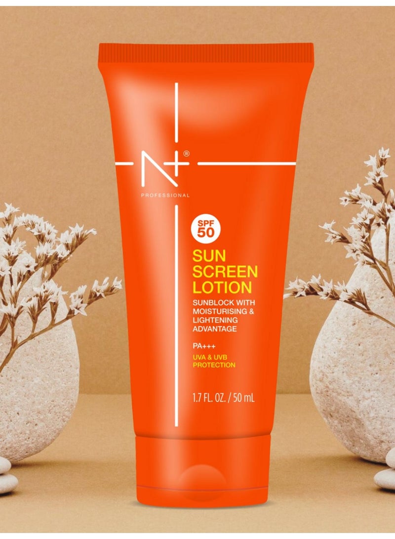 N Plus Professional Sun Screen Lotion SPF 50, UVA & UVB Protection, Sunblocking with Moisturising & Lightening Advantage, 50 ml - Image 1