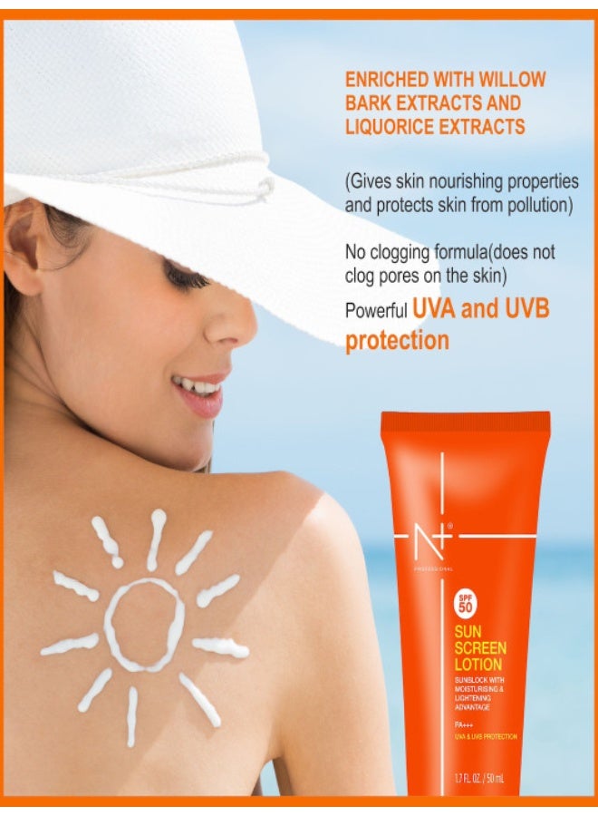 N Plus Professional Sun Screen Lotion SPF 50, UVA & UVB Protection, Sunblocking with Moisturising & Lightening Advantage, 50 ml - Image 4