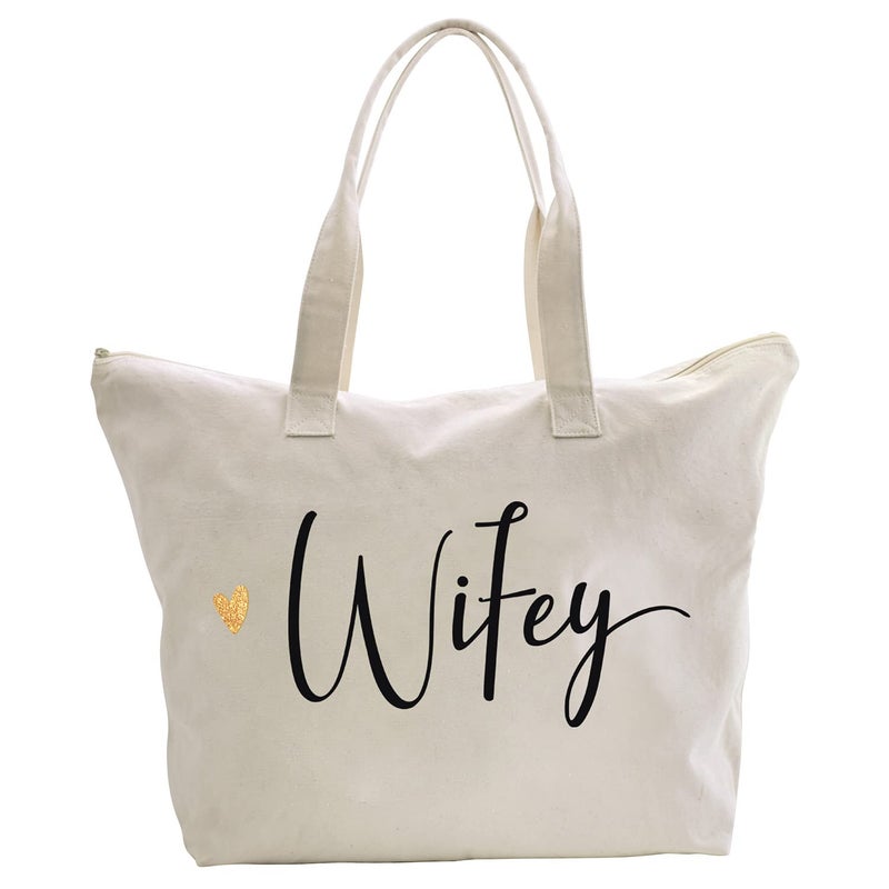 CARAKNOTS CARAKNOTS Wifey Bag Bride Gifts for Wedding Bridal Shower Engagement Anniversary Bachelorette Party Gifts for Bride to be Wife Canvas Beach Shoulder Tote Bag with Zip and Pocket 
