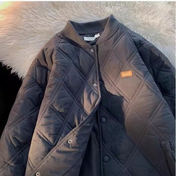2024 Winter new diamond-shaped Plaid warm cotton-padded coat mens Hong Kong style trendy brand couple baseball cotton-padded coat thickened cotton-padded jacket W88 black [counter quality]]