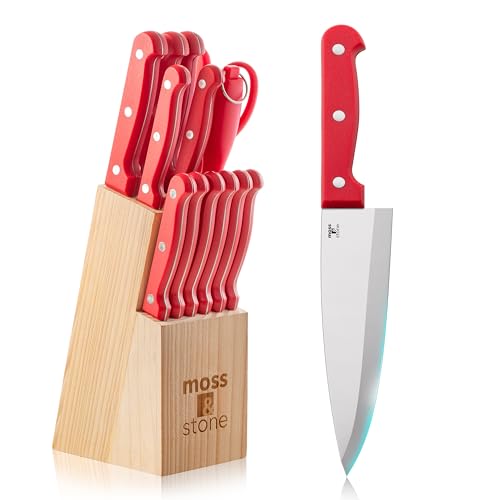 Moss & Stone 14 Pcs Knife Block Set Stainless Steel, Premium Forged Kitchen Knives Set with High-Carbon Blades, Ergonomic Handle, Sharp Blade, Rust Resistant, Modern Style for Home & Chef, Red - Image 1