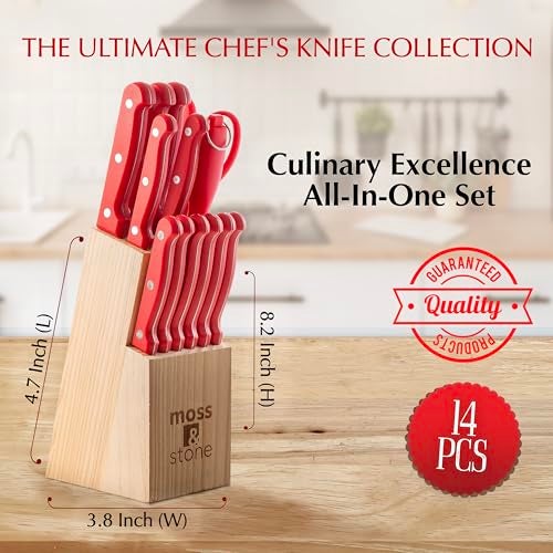 Moss & Stone 14 Pcs Knife Block Set Stainless Steel, Premium Forged Kitchen Knives Set with High-Carbon Blades, Ergonomic Handle, Sharp Blade, Rust Resistant, Modern Style for Home & Chef, Red - Image 5