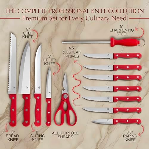 Moss & Stone 14 Pcs Knife Block Set Stainless Steel, Premium Forged Kitchen Knives Set with High-Carbon Blades, Ergonomic Handle, Sharp Blade, Rust Resistant, Modern Style for Home & Chef, Red - Image 3