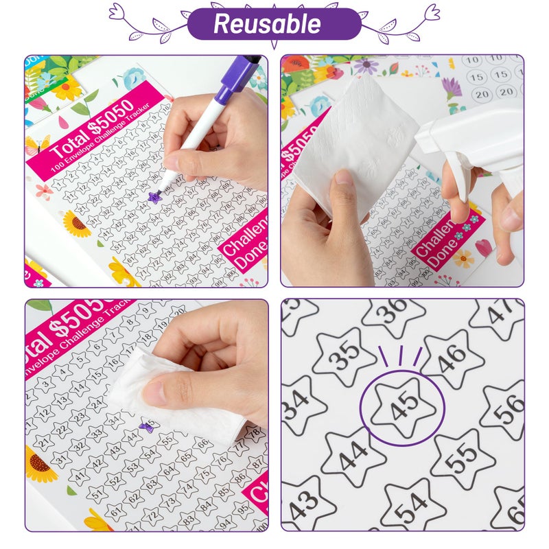 FoszaSzept 20 Sheets Money Saving Challenge Binder Trackers, Reusable Challenge Tracker Cards for 6 Ring A5 Binder, 4 Styles of Budget Cards for Savings Cash Journey Planner Money Saving Binder - Image 4