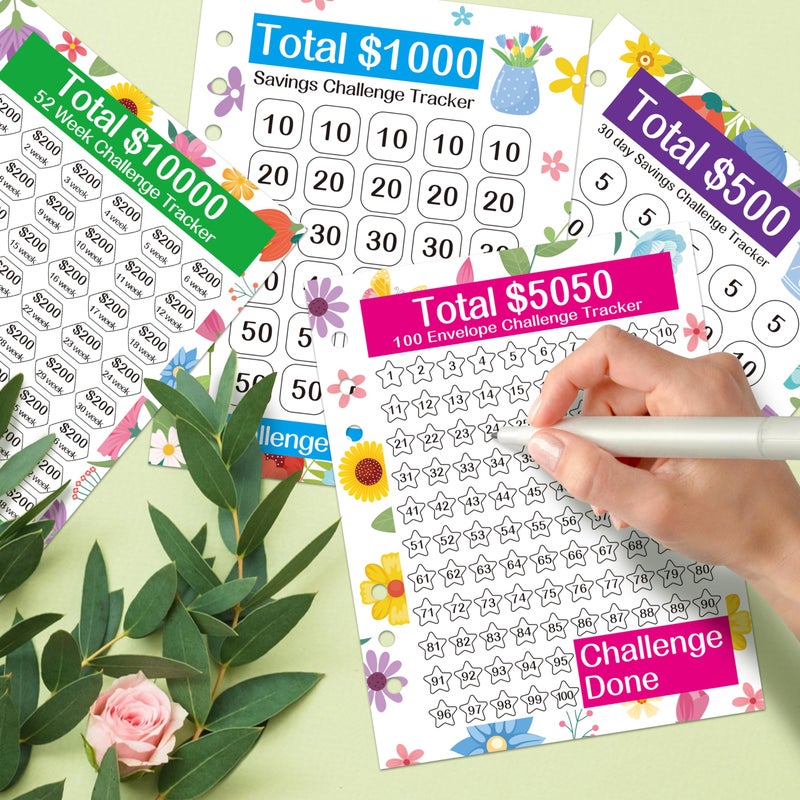 FoszaSzept 20 Sheets Money Saving Challenge Binder Trackers, Reusable Challenge Tracker Cards for 6 Ring A5 Binder, 4 Styles of Budget Cards for Savings Cash Journey Planner Money Saving Binder - Image 2