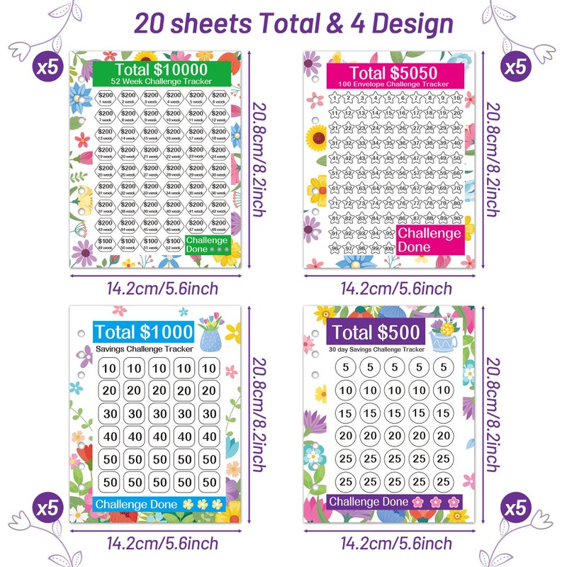 FoszaSzept 20 Sheets Money Saving Challenge Binder Trackers, Reusable Challenge Tracker Cards for 6 Ring A5 Binder, 4 Styles of Budget Cards for Savings Cash Journey Planner Money Saving Binder - Image 3