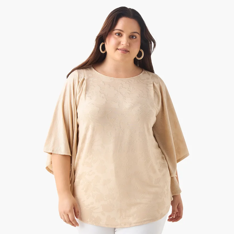 Ulla Popken Plus Size Ulla Popken Textured Top with Round Neck and 3/4 Sleeves
