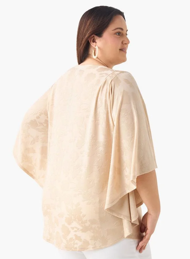 Ulla Popken Plus Size Ulla Popken Textured Top with Round Neck and 3/4 Sleeves