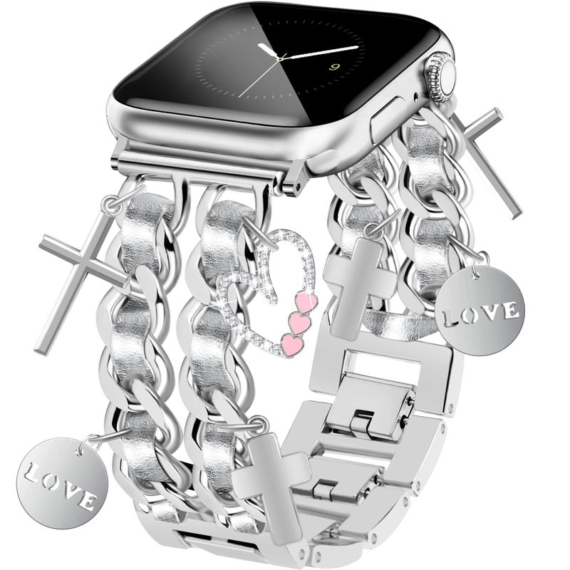 Newlibery Silver Watch Bands for Women Compatible with Apple Watch Band 38mm 40mm 41mm 42mm (S11/10) Adjustable Unique Charms Metal Strap Cowboy Chain Bracelet for iWatch Series 11/10/9/8/7/6/5/4/3/2/1/SE - Image 1