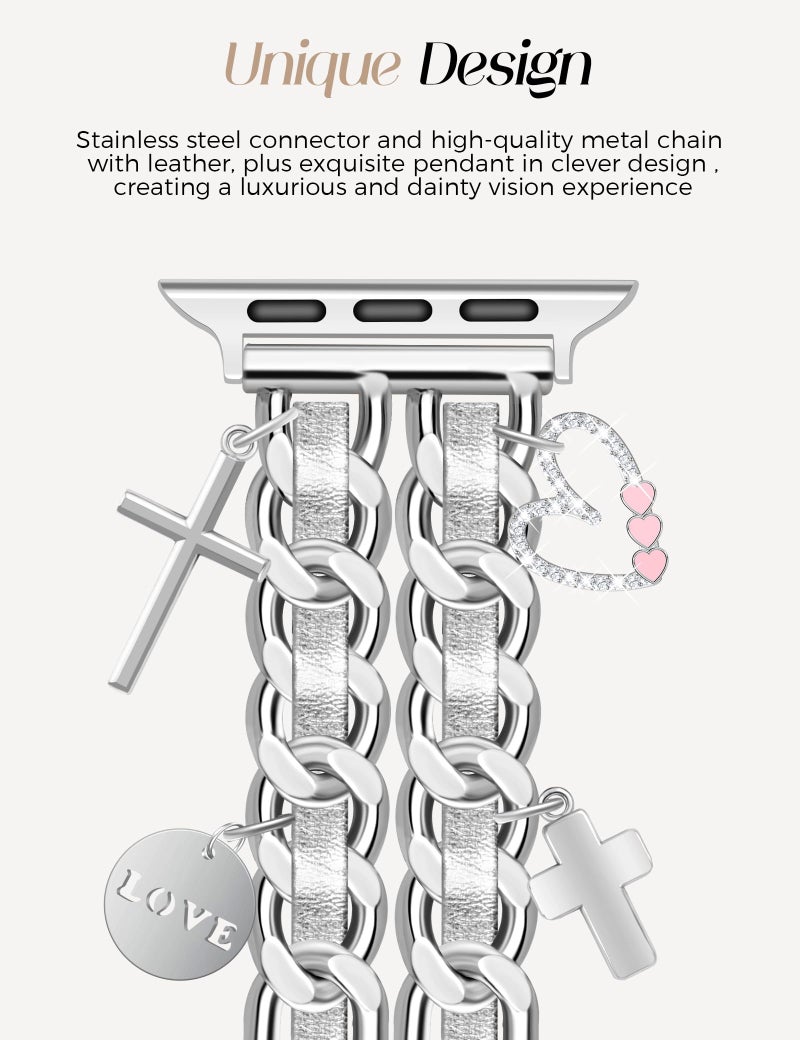 Newlibery Silver Watch Bands for Women Compatible with Apple Watch Band 38mm 40mm 41mm 42mm (S11/10) Adjustable Unique Charms Metal Strap Cowboy Chain Bracelet for iWatch Series 11/10/9/8/7/6/5/4/3/2/1/SE - Image 3