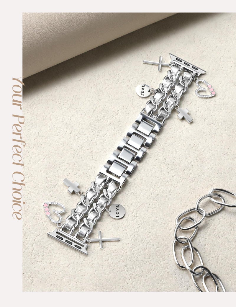 Newlibery Silver Watch Bands for Women Compatible with Apple Watch Band 38mm 40mm 41mm 42mm (S11/10) Adjustable Unique Charms Metal Strap Cowboy Chain Bracelet for iWatch Series 11/10/9/8/7/6/5/4/3/2/1/SE - Image 5