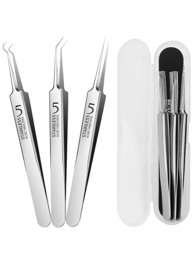 3 PCS Blackhead Tweezers Set – Stainless Steel Blackhead Remover Tools with Straight Curved Angled Tips for Facial Care Comedone Extraction - Image 1