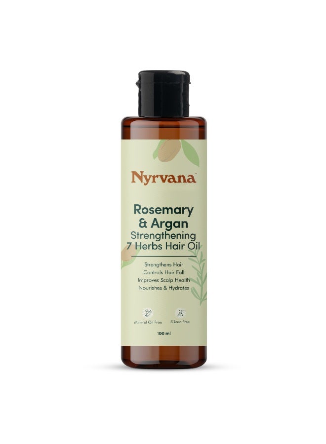 نيرفانا. Nyrvana Rosemary & Argan Strengthening 7 Herbs Hair Oil l 100ml | Hair Growth Oil for Hair Fall Control | Natural Pre-Wash Scalp Treatment with Bhringraj, Amla, Brahmi | Anti Hair Loss Oil for Women & Men | Mineral Oil Free, Silicone Free Ayurvedic Hair Oil | Reduces Breakage, Strengthens Roots, Soothes Dry Irritated Scalp | Best Hair Oil for Damaged Hair, Thin Hair, Slow Growth UAE | Lightweight Non-Sticky Formula | Made for UAE Hard Water & Climate | Nourishes & Hydrates Hair | Improves Scalp Health, Adds Shine | For All Hair Types | Controls Dandruff & Dryness | For Stronger, Thicker, Healthier Hair - Image 1